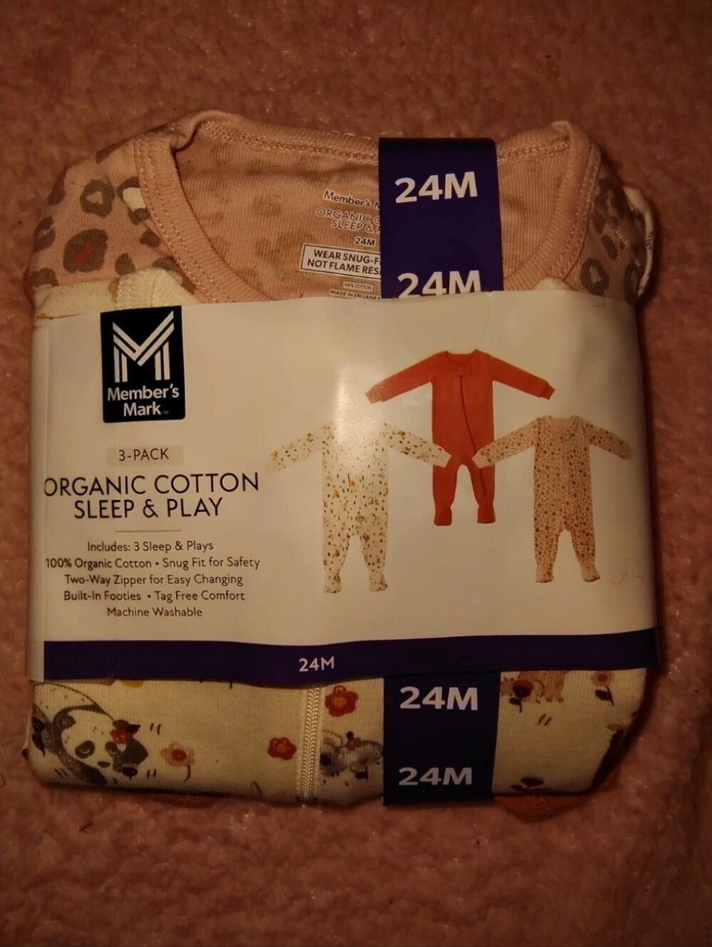 Member's Mark Organic Cotton Sleep & Play 24M - Pink Floral/Animal 3-Pack